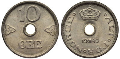 Норвегия 10 эре 1949 Хокон VII (1905-1957) KM 383 медно-никель 4549-957