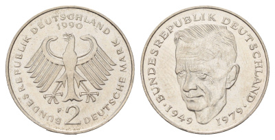 ФРГ 2 марки 1990 F, Курт Шумахер KM 149, J. 424 медно-никель 3459-1014