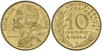 Франция 10 сантимов 1985 тип Марианна KM 929, LE FRANC 144.25 медь алюминий никель 4154-1069