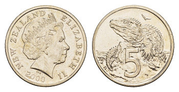 Новая Зеландия 5 центов 2000 Елизавета II (1952-2022), ящерица гаттерия KM 116 медно-никель UNC 4651-227