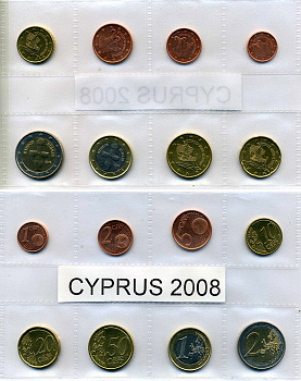 Кипр евронабор из 8 монет 2008 1, 2, 5, 10, 20, 50 евроцентов, 1, 2 евро биметалл UNC 966-1-1