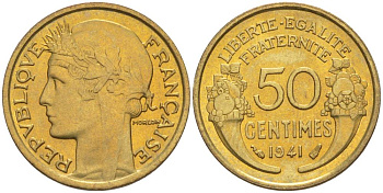 ФРАНЦИЯ 50 САНТИМОВ 1941 ТИП MORLON KM 894.1, LE FRANC 192.18 алюминиевая бронза 44-657