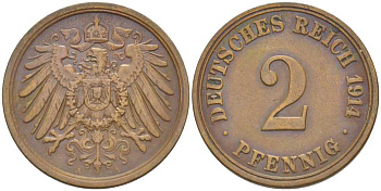 ГЕРМАНИЯ 2 ПФЕННИГА 1914 A KM 16, J. 11, Weege 4 медь 206-643