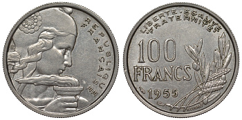 Франция 100 франков 1955 тип Cochet KM 919.1, Le Franc 450.5 медно-никель 4121-1244
