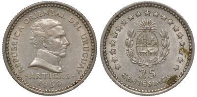 Уругвай 25 сентесимо 1960 KM 40 медно-никель 4169-955