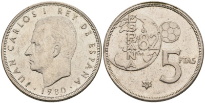 Испания 5 песет 1980(80) чемпионат мира по футболу 82, Хуан Карлос I (1975-2001) KM 817 медно-никель 4571-1145