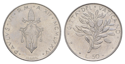 Ватикан 50 лир 1974 KM 121 нержавеющая сталь UNC 4633-1227