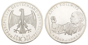 ФРГ 10 марок 1992 G, 125 лет со дня рождения Кете Кольвиц KM 178 серебро UNC 4634-941
