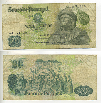 ПОРТУГАЛИЯ 20 ЭСКУДО 1971 27 ИЮЛЯ 1971, ГАРСИЯ ДЕ ОРТА, 16 ВЕК РЫНОК НА ГОА Pick 173 бумага 7552-33-3