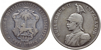 Немецкая Восточная Африка (Танзания) 2 рупии 1893 Вильгельм II (1888-1918) KM 5, ASK 914, J.714 серебро 00-804-64