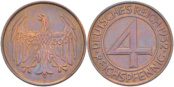 ГЕРМАНИЯ 4 РЕЙХСПФЕННИГА 1932 А KM 75, J. 315 бронза 210-554