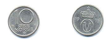 Норвегия 10 эре 1974 Улаф V (1958-1991) KM 416 медно-никель 4379-959