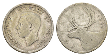 Канада 25 центов 1942 Георг VI (1936-1952), олень KM 35 серебро 4622-815
