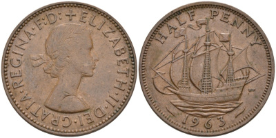 Великобритания 1/2 пенни 1963 Елизавета II (1952-2022) KM 896, Spink 4158 бронза 4561-942