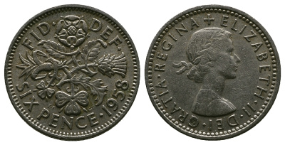 Великобритания 6 пенсов 1958 Елизавета II (1952-2022) KM 903, Spink 4149 медно-никель 4381-711