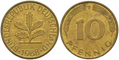 ФРГ 10 пфеннигов 1988 D KM 108, J.383 сталь плакированная латунью 4681-1155