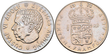 Швеция 1 крона 1973 U, Густав VI Адольф (1950-1973) КМ 826a медь плакированная медно-никелем 4177-151