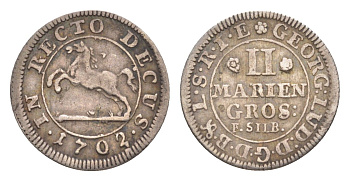 Брауншвейг-Каленберг-Ганновер 2 мариенгроша 1702 Георг I (1698-1727), из коллекции Ричарда Б. Смита Welter 2205, KM 31 серебро 1525-724