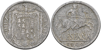 Испания 10 сентимо 1940 всадник KM 766 алюминий 4116-1047