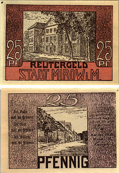 МИРОВ 25 ПФЕННИГОВ 1922 НОТГЕЛЬД, 31 МАЯ 1922, ЗЕМЛЯ МЕКЛЕНБУРГ-ПЕРЕДНЯЯ ПОМЕРАНИЯ Grabowski 889.1 бумага 8608-11-2-1