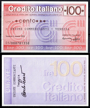 Италия 100 лир 1976 чек - Credito Italiano бумага 8621-15-2-1