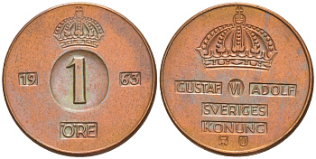 Швеция 1 эре 1965 U, Густав VI Адольф (1950-1973) KM 820 бронза 187-811
