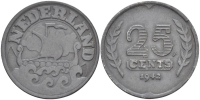 НИДЕРЛАНДЫ 25 ЦЕНТОВ 1942 ВИЛЬГЕЛЬМИНА I (1891-1948), ГЕРМАНСКАЯ ОККУПАЦИЯ, ВТОРАЯ МИРОВАЯ ВОЙНА KM 174 цинк 4548-854