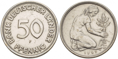 ФРГ 50 пфеннигов 1949 F KM 104, J. 379 медно-никель 4528-126
