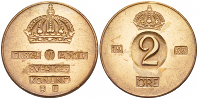 Швеция 2 эре 1968 U Густав VI Адольф (1950-1973) KM 821 бронза 4548-414