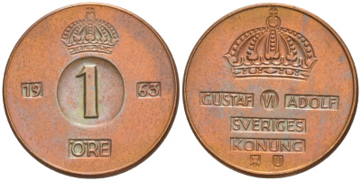 Швеция 1 эре 1965 U, Густав VI Адольф (1950-1973) KM 820 бронза 187-811