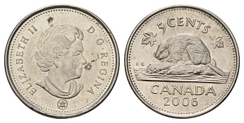 Канада 5 центов 2006 Leaf, Елизавета II (1952-2022), бобр KM 491 сталь плакированная никелем UNC 4689-462