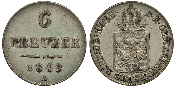 Австрия 6 крейцеров 1849 A, Франц Иосиф I (1848-1916) KM 2200 серебро 1519-614
