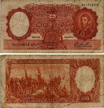 АРГЕНТИНА 100 ПЕСО 1969 СЕРИЯ F 94174, ГЕНЕРАЛ САН МАРТИН, ПОДПИСЬ EGIDIO IANNELLA - PEDRO S. REAL Pick 277 бумага 7204-69-3