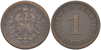 ГЕРМАНИЯ 1 ПФЕННИГ 1887 A, СТАРОГЕРБОВКА KM 1, J. 1, Weege 1 медь 206-1249