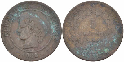 ФРАНЦИЯ 5 САНТИМОВ 1882 A, ТРЕТЬЯ РЕСПУБЛИКА (1871-1940) KM 821.1, LE FRANC 118.24 бронза 108-726