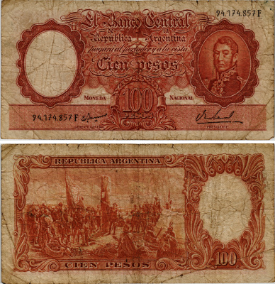 АРГЕНТИНА 100 ПЕСО 1969 СЕРИЯ F 94174, ГЕНЕРАЛ САН МАРТИН, ПОДПИСЬ EGIDIO IANNELLA - PEDRO S. REAL Pick 277 бумага 7204-69-3