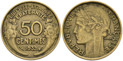 Франция 50 сантимов 1932 KM 894.1, Le Franc 192.15 алюминиевая бронза 4596-749