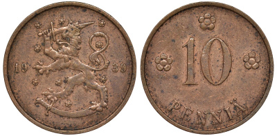 Финляндия 10 пенни 1939 KM 24 медь 51-3154