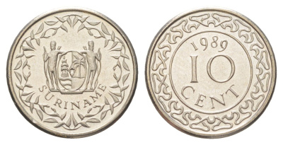Суринам 10 центов 1989 KM 13a медно-никель UNC 4625-333