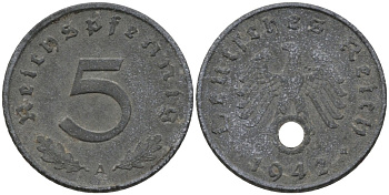 Германия 5 рейхспфеннигов 1942 A, монетный двор Берлин KM 100, J. 370 цинк 186-755
