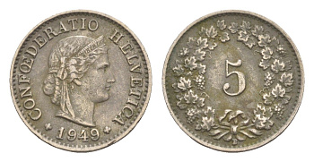 Швейцария 5 раппенов 1949 B KM 26 медно-никель 4643-332