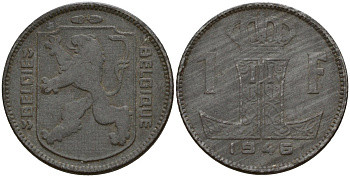 Бельгия 1 франк 1946 Belgie - Belgique, Леопольд III (1934-1947), германская оккупация, Вторая мировая война KM 128 цинк 4161-617