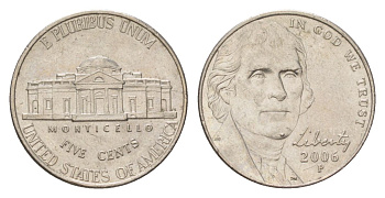 США 5 центов 2006 P, Джефферсон KM 381 медно-никель UNC 4627-1119