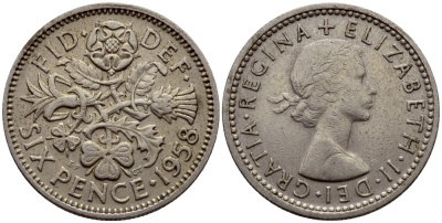 Великобритания 6 пенсов 1958 Елизавета II (1952-2022) KM 903, Spink 4149 медно-никель 75-965