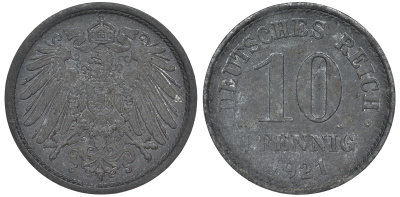 ГЕРМАНИЯ 10 ПФЕННИГОВ 1921 KM 26, J. 299 цинк 45-1269