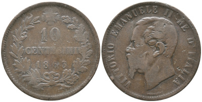 ИТАЛИЯ 10 ЧЕНТЕЗИМО 1863 ВИКТОР ИМАНУИЛ II (1861-1878) KM 11.2 медь 32-614