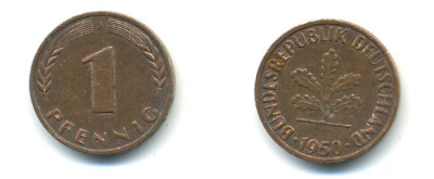 ФРГ 1 ПФЕННИГ 1950 J KM 105, J 380 сталь плакированная медью 80-757