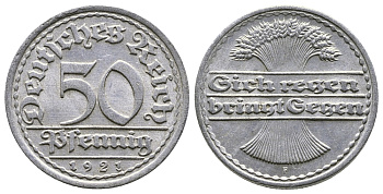 ГЕРМАНИЯ 50 ПФЕННИГОВ 1921 F KM 27, J. 301 алюминий 4380-844