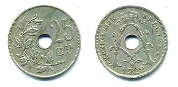 БЕЛЬГИЯ 25 САНТИМОВ 1922 BELGIE KM 69 медно-никель 4385-537