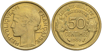 ФРАНЦИЯ 50 САНТИМОВ 1939 ТИП MORLON KM 894.1, LE FRANC 192.15 алюминиевая бронза 44-825